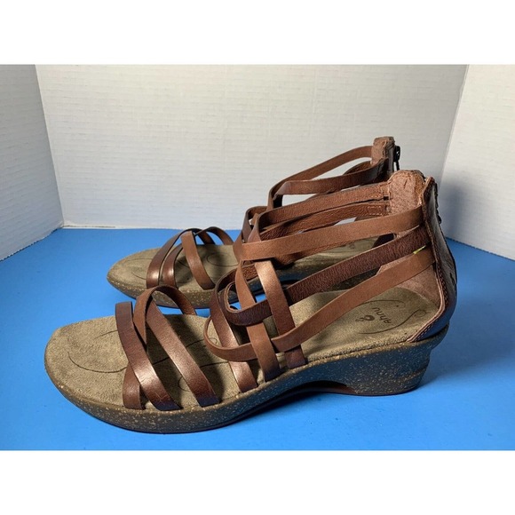 Ahnu Strappy Brown Leather Huarache Wedge Sandals Womens Size 10 Cork - Picture 2 of 11